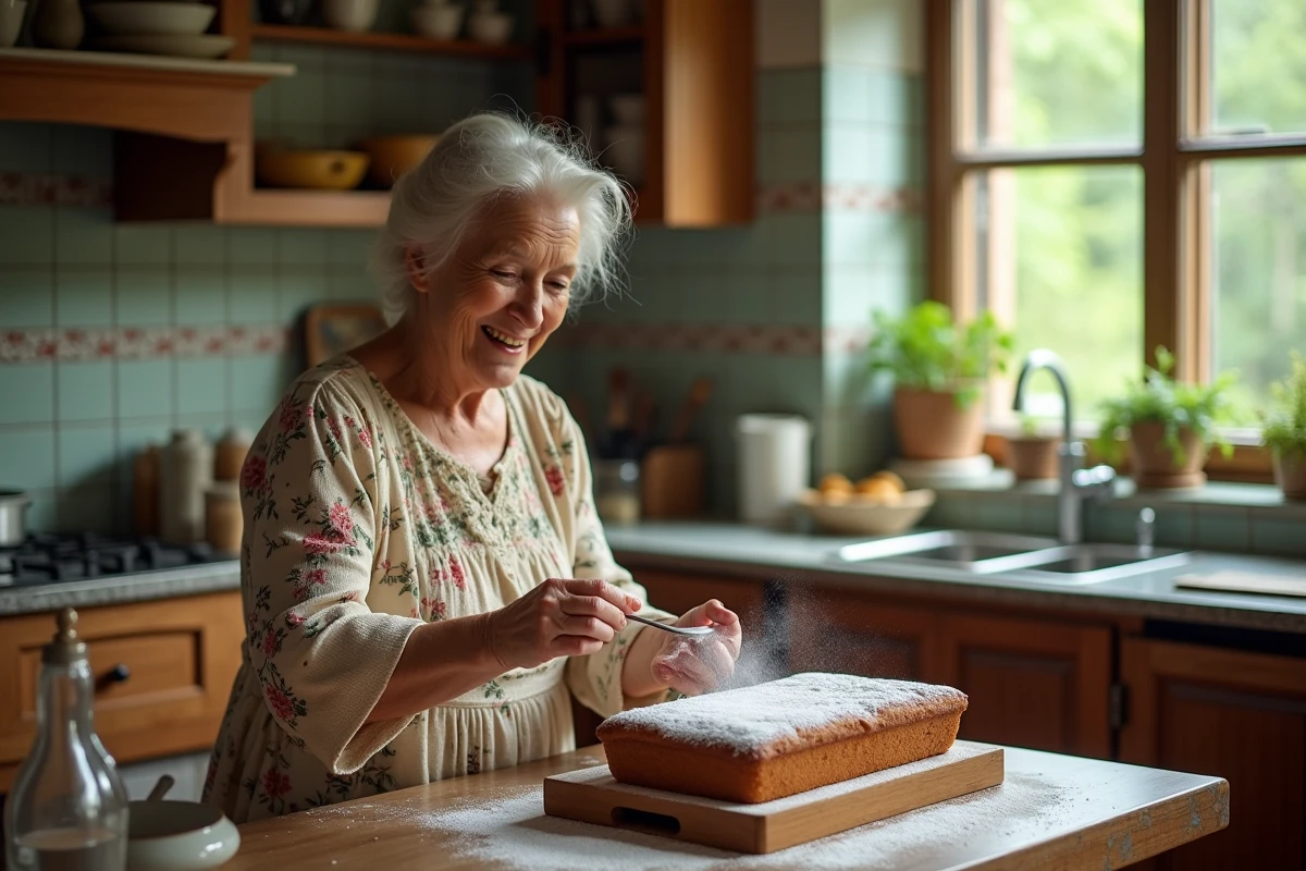 Femme âgée saupoudrant un gâteau maison à la vanille