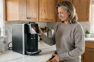 Femme inspectant une machine à café Tassimo Bosch avec le voyant rouge clignotant sur le comptoir de cuisine