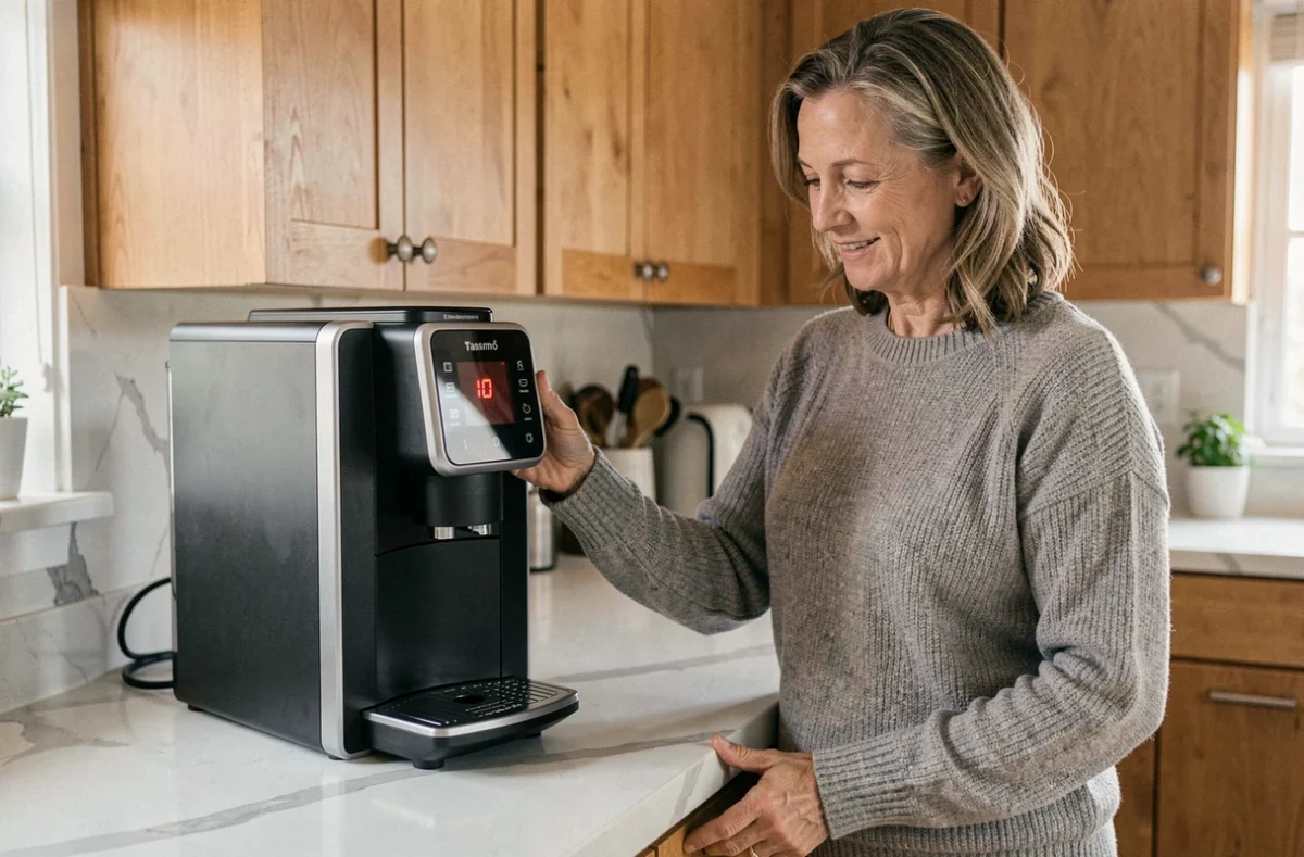 Femme inspectant une machine à café Tassimo Bosch avec le voyant rouge clignotant sur le comptoir de cuisine