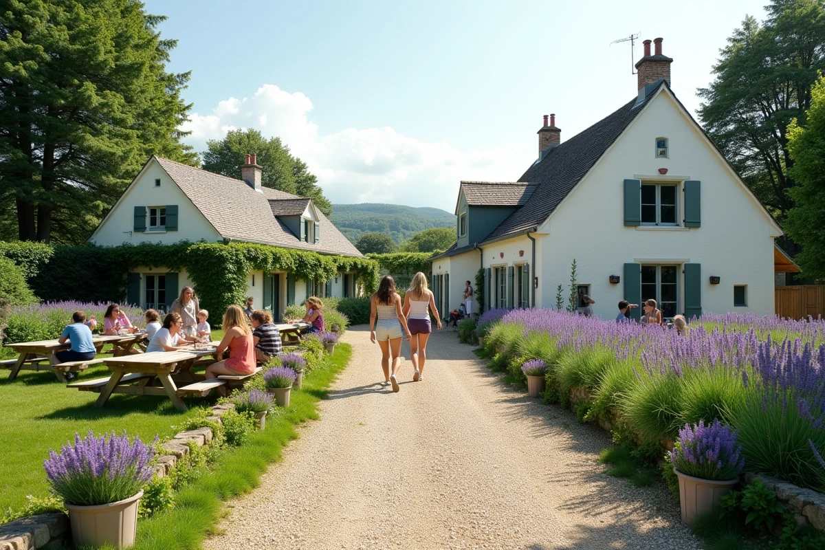 Vue d'ensemble de la Guinguette de la Ferme à Bondues avec la ferme rénovée, le jardin et les convives installés en plein air en été