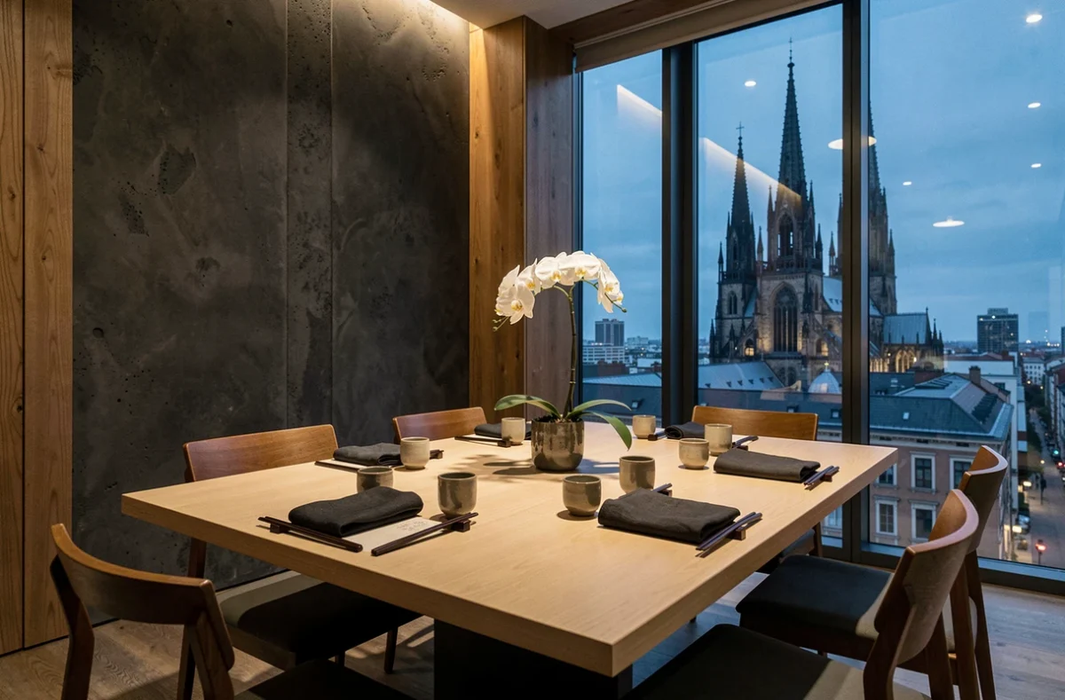 Salle de restaurant japonais contemporain Yozora à Metz avec vue sur la cathédrale et table minimaliste